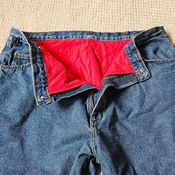 Wrangler Jeans Mens 44X30 Rugged Wear Red Fleece Lined Workwear Blue Denim - Picture 2 of 10